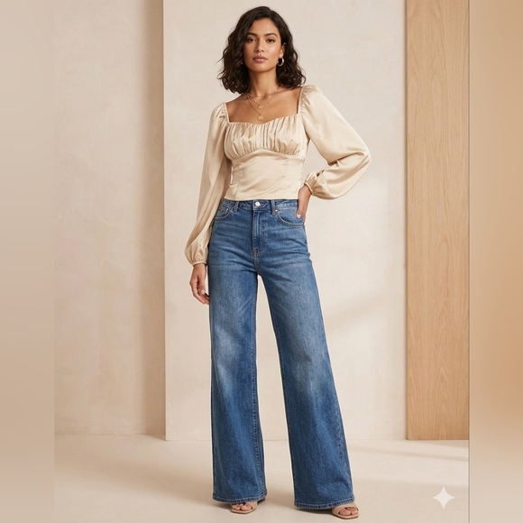 Abercrombie & Fitch Tops - Abercrombie & Fitch NWT Cream Satin Balloon Sleeve Large Crop Top